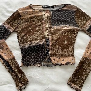 Bandana Print Sheer Mesh Button Up Top